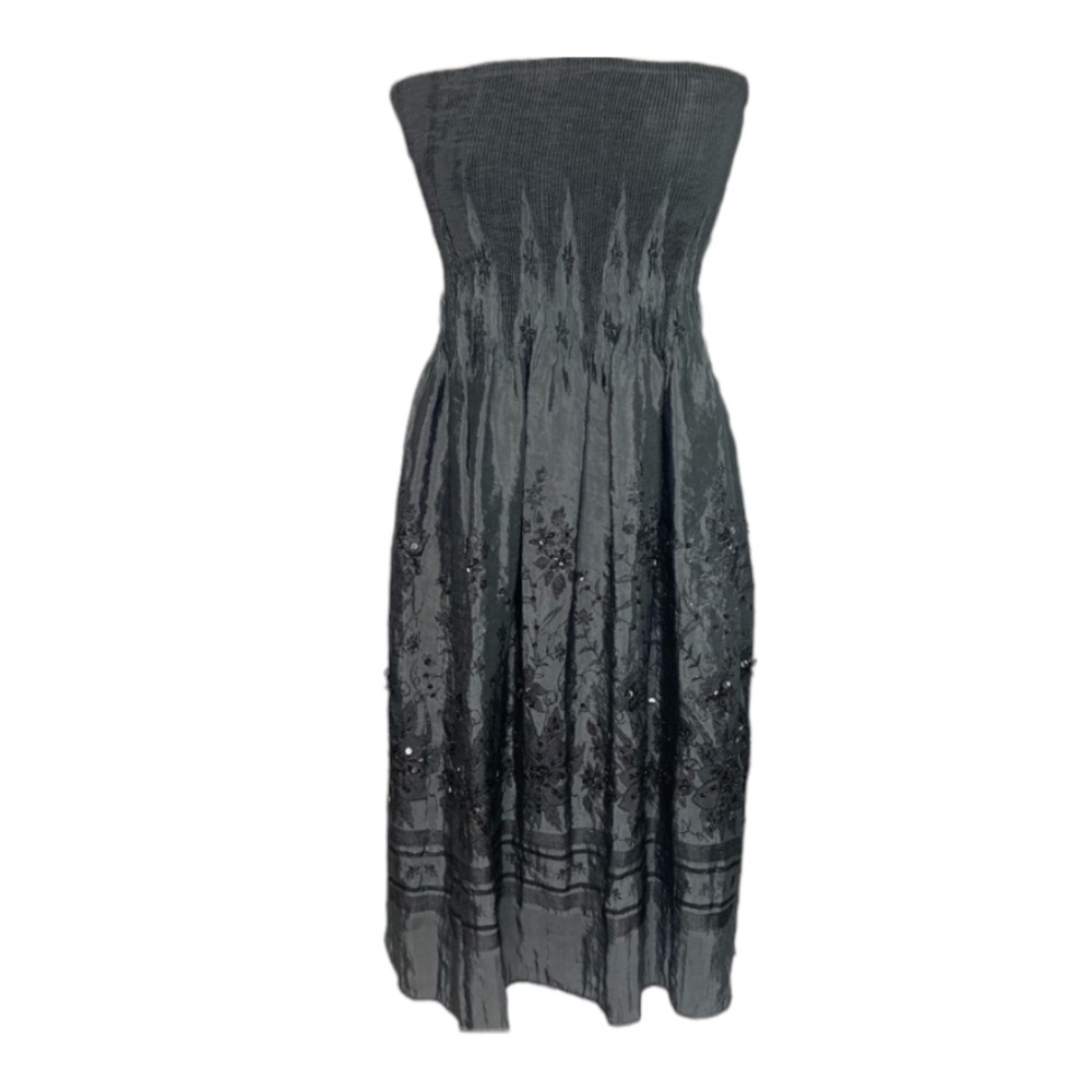 Lapis Anthropologie Grey Silver Strapless Smocked Embellished Dress skirt